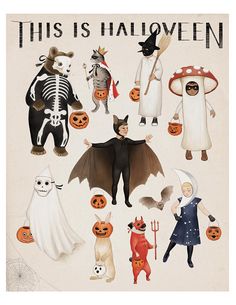 this is halloween poster with various costumes and pumpkins on the front, including bats, ghost