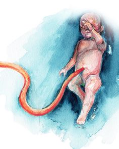 a watercolor painting of a baby with a red snake