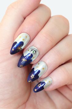 Stars Moon and Eye Nail Tattoos / Gold Nail Decals / Nail Art Etsy Bohemian Nails, Nail Tattoos, Nail Decals Diy, Celestial Stars, Waterslide Nail Decals, Gold Tattoo, Abstract Nail Art, Stars Moon