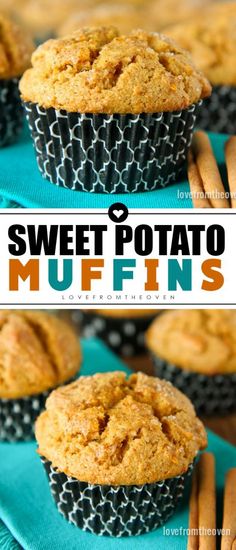 sweet potato muffins with cinnamon on top and the title above it reads, sweet potato muffins