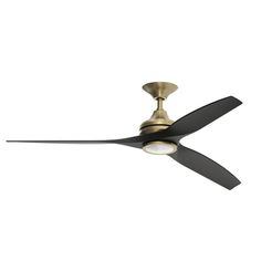 a ceiling fan that is gold and black