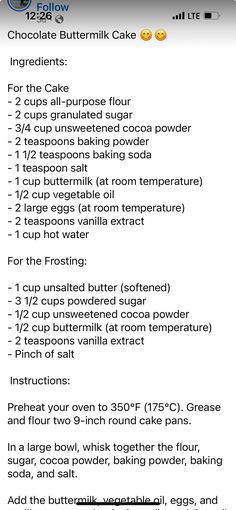 the recipe for chocolate buttermilk cake is shown in this screenshoto image