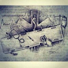 a pencil drawing of medical equipment and stethoscopes