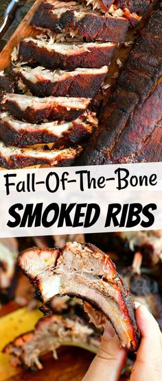 the ribs are cooked and ready to be grilled in the oven, with text overlay that reads fall - of - the - bone smoked ribs