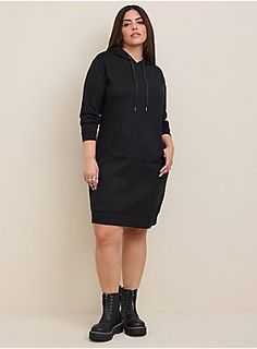 Plus Size - At The Knee Cupro Hoodie Dress - Torrid Plus Size Baddie Outfits, Twist Front Dress, Black Sweats, Swimsuit Material, Hooded Dress, Mini Skater Dress, Career Wear, Tea Length Dresses, Torrid Dresses