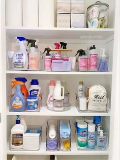 an organized bathroom closet with lots of toiletries and cleaning products on the shelve