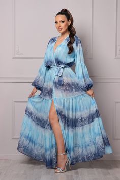 "This is an awesome oversized summer boho women's dress. Made from super light blue chiffon fabric, this maxi dress screams \"SUMMER BEACH PARTY!!\" Match it, however, with a belt of your choosing and you get and whole new dress - a classy fit and flare piece, excellent for formal events or proms. 𝙺 𝙴 𝚈   𝙵 𝙴 𝙰 𝚃 𝚄 𝚁 𝙴 𝚂 - Floor-length - Long sleeves tank  - Custom size and plus size are available at NO EXTRA CHARGE - just convo me or write your measurements at checkout ⚜Fabulous and Bohemian Flowy Chiffon Dress For Spring, Flowy Bohemian Chiffon Dress For Spring, Bohemian Chiffon Beach Dress For Spring, Bohemian Chiffon Dress For Beach In Spring, Bohemian Long Sleeve Chiffon Dress For Vacation, Bohemian Long Sleeve Chiffon Vacation Dress, Spring Bohemian Chiffon Dress For Beach, Bohemian Chiffon Cover-up For Vacation, Bohemian Chiffon Beach Dress