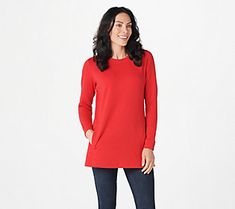 Whether you're out on a morning run or just running errands, this workout-ready long-sleeve tunic is a capable choice. It features side pockets that are perfect for an MP3 player or any other small essentials. From Denim & Co.(R) Fashions. Morning Run, Velour Tops, Dolman Sleeve Tops, Bow Detail Dress, Tv Channels, On Air, Cable Tv, Long Sleeve Knit Tops, Fitted Skirt