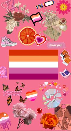 a pink background with flowers, hearts and other stickers on the bottom right corner