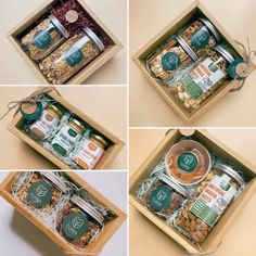 four pictures show the contents of an open box with nuts and other items in it