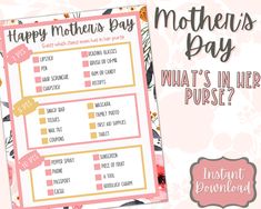 a mother's day printable with the text, what's in her purse?