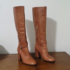 Super Cute Knee-High Tan Leather Boots. These Have Never Been Worn, And They Still Have The Tags. They Are $159.97 New From Nordstrom Rack. These Boots Are Perfect For Sweater Weather. They Can Be Worn With Jeans, Leggings, Or Slacks! You Can Wear These Boots Out For Date Night Or To Work. They Are Size 7 And The Color Is A Very Neutral Creamy Tan. Spring Leather Ankle Strap Boots, Leather Boots With Ankle Strap For Spring, Brown Boots With Heel Strap And Round Toe, Brown Round Toe Boots With Heel Strap, Brown Boots With Heel Strap For Fall, Spring Leather Boots With Heel Strap, Leather Boots With Buckle Closure For Spring, Leather Ankle Strap Boots For Workwear, Heel Strap Boots With Round Toe