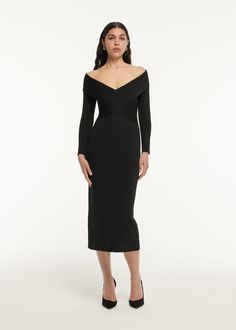 Evening V-neck Elastane Midi Dress, Long Sleeve Elastane Midi Dress For Cocktail, Black V-neck Midi Dress With Elastane, Black Long Sleeve Elastane Midi Dress, Fall Midi Dress In Elastane, Long Sleeve Bandage Dress For Formal Occasions, Elegant Black Long Sleeve Bandage Dress, Roland Mouret, Knit Midi