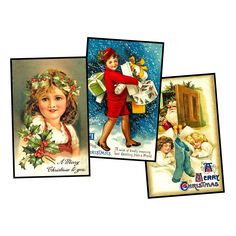 three vintage christmas cards from the early 1900's, with children dressed as santa claus