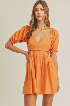 Preppy Dresses Clemson Gameday Outfit, Short Orange Dress, Dress With Puffy Sleeves, Orange Mini Dress, Dress With Puff Sleeves, Flared Mini Skirt, Puff Sleeve Mini Dress, Girls Couture, Outfits Petite