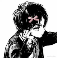 a drawing of a boy with a pink bow on his head holding a cell phone to his ear