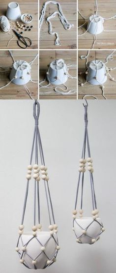 the instructions for how to make an origami hanging planter with strings and beads