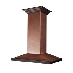 a copper colored stove hood with a black chimney and brown trim on the top, in front of a white background