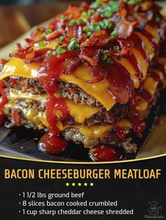 the bacon cheeseburger meatloaf has been cut in half and is ready to be eaten