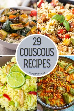 four different pictures with the words 29 couscous recipes on them and images of various dishes