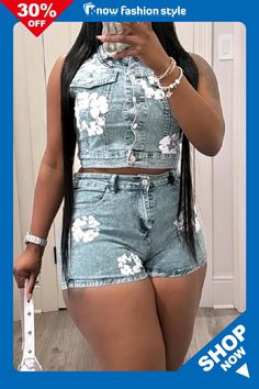 Casual Print Patchwork Pocket Buckle Zipper Turndown Collar Sleeveless Two Pieces Two Piece Short Set, Sleeveless Tops, Print Shorts, Turndown Collar, Floral Print Shorts, Light Blue Denim, Casual Denim, Two Piece Sets, Wholesale Fashion