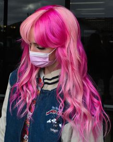 Pink Fashion Color Hair, Hair Color Inspo Colorful, Pink And Red Color Block Hair, 4 Way Split Dyed Hair, Pink And Purple Color Block Hair, Hair Color Ideas Crazy, Red Pink And Black Hair, Pink Vivid Hair, Alternative Pink Hair