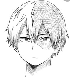 an anime character's face with short hair and eyes, drawn in black and white