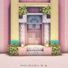 the entrance to a pink building with flowers on it