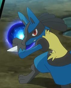 an animated image of a blue and yellow pokemon with its mouth open, holding a knife in his right hand