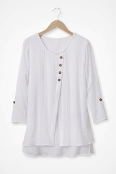 Light as Air Gauze Pullover Tunic Top - Coldwater Creek Coldwater Creek Outfits, Thigh Sleeve, Gauze Tunic, Shell Buttons, Comfort Wear, Coconut Shell, Coldwater Creek, Long Blouse, Petite Size