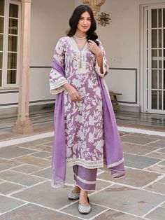 Buy Purple Printed Cotton Suit - Set of 3 | KR474/KARJ23MAY Indian Party, Best Summer Dresses, Online Dress Shopping, Suit Set, Ethnic Wear, Pakistani Dresses, Indian Wear, The Loom