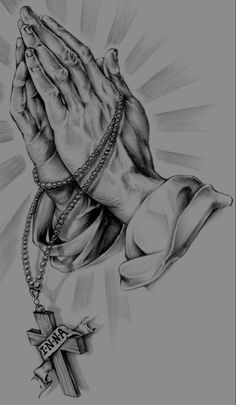 a drawing of a praying hands with a cross