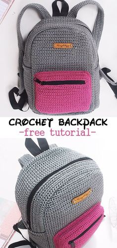 the back pack is crocheted and has two zippers on each side, one with