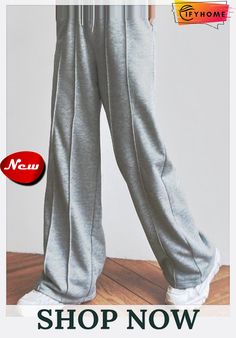 Casual Loose Jersey Sweatpants Gray Straight Leg Bottoms For Leisure, Solid Wide Leg Pants For Leisure, Leisure Wide Leg Trousers, Gray Straight Leg Leisure Pants, Gray Straight Leg Pants For Leisure, Leisure Gray Straight Leg Pants, Leisure Straight Pants For Fall, Solid Color Wide-leg Leisure Pants, Leisure Wide-leg Pants