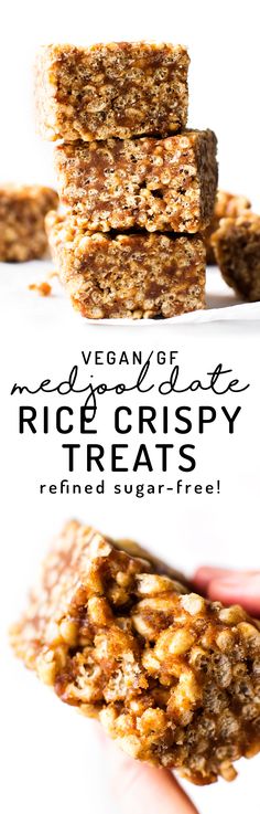 vegan and gluen rice crispy treats stacked on top of each other