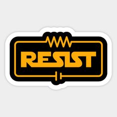 a sticker with the word rest in yellow and black on it's side