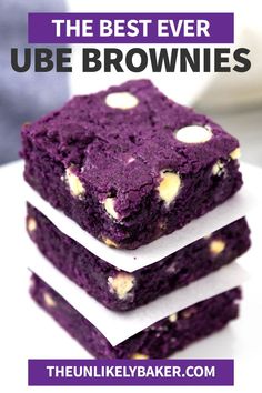 three purple brownies stacked on top of each other