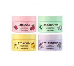 Try all four of our I'm Wash-Off Masks to multi-mask all your skin concerns away! Our best-selling masks help to hydrate, plump, replenish and soothe the skin. Free of Parabens, Alcohol, and Talc. Set includes: I'm Honey Deep Moisture Rescue Mask - Infused with nourishing antioxidant-rich Honey, Propolis and Royal Jelly Extract this mask will work hard to replenish tired dry skin. I'm Rose Revitalizing Sleeping Mask - Features a lightweight gel formula infused with 1,000 ppm of natural Rose Extr Multi Masking, Lavender Extract, Lavender Honey, Royal Jelly, Tony Moly, Sleeping Mask, Green Tea Extract, Skin Concern, Hydrate Skin