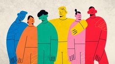 group of people standing together with different colors and shapes on the image is drawn by hand