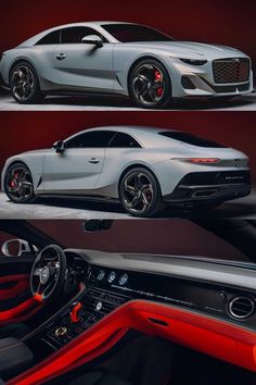 the front and back view of a silver sports car with red leather seats in three different views