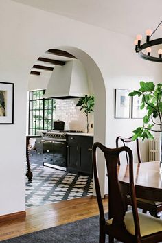 a dining room table with chairs and a potted plant in the middle of it