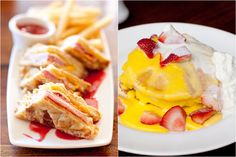 there are three different types of food on the plates and one is covered in fruit