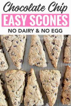 Quick and easy chocolate chip scones! And they can be made dairy-free and egg-free. The perfect dairy-free breakfast or snack. See the allergy friendly recipe at Milk Allergy Mom! Chocolate Chip Scones, Scones Recipe Easy, Scones Easy, Kid Approved Meals, Dairy Free Breakfasts, Dairy Free Eggs, Allergy Friendly Recipes