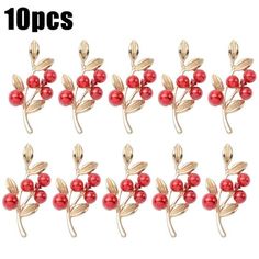 10 pcs red berries and leaves brooch pins with gold plated metal findings for jewelry