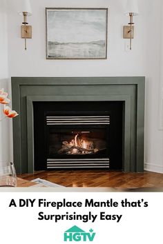 Green fireplace mantle Diy Mantle Surround, Fireplace No Mantle, Fireplace Photoshoot, Easy Diy Fireplace, Mantle Makeover, Diy Fireplace Mantel, Diy Mantel