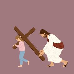 jesus carrying the cross with a child walking by it, and another person holding a large piece of wood in front of him