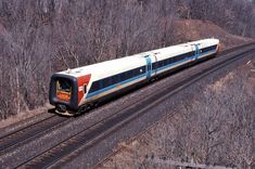 a train is traveling down the tracks in the woods near trees and bushes, with no leaves on them