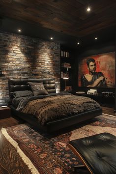 a bedroom with a large bed in the middle and a painting on the wall behind it