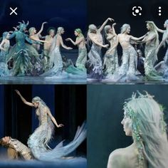 several photos of women dressed as mermaids in blue and green dresses, with their hair blowing in the wind