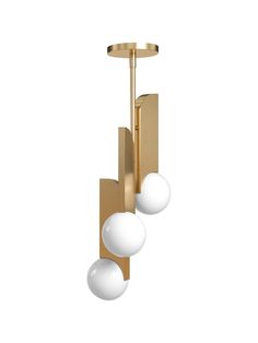 three white balls are hanging from a brass plated light fixture on a white background